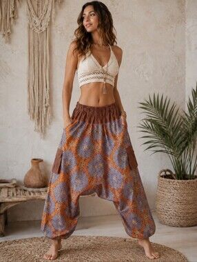 Bohemian Wide-Leg Harem Pants in Blue and Brown
